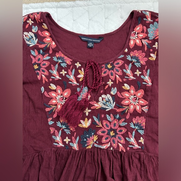 American Eagle Outfitters Burgundy Peplum Embroidered Top with Tassels - Picture 4 of 11